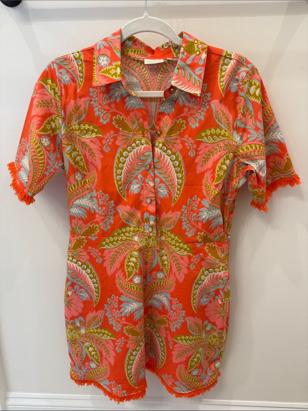 Spartina 449 Coral Paisley Mini Dress Romper with Olive & Light Blue Print